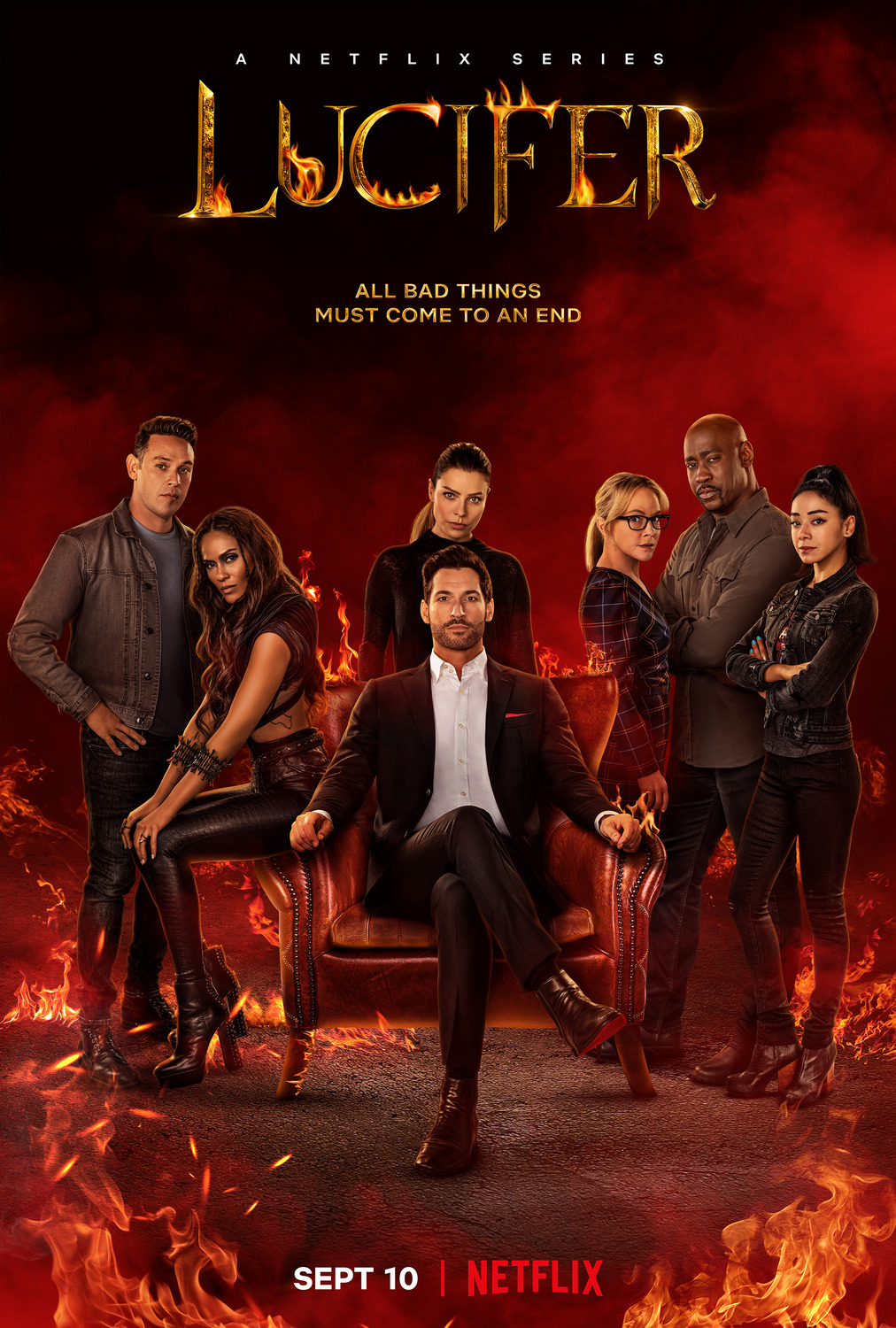 Rachael Harris, Tom Ellis, Aimee Garcia, Lauren German, D.B. Woodside, Kevin Alejandro, and Lesley-Ann Brandt in Lucifer (2016)