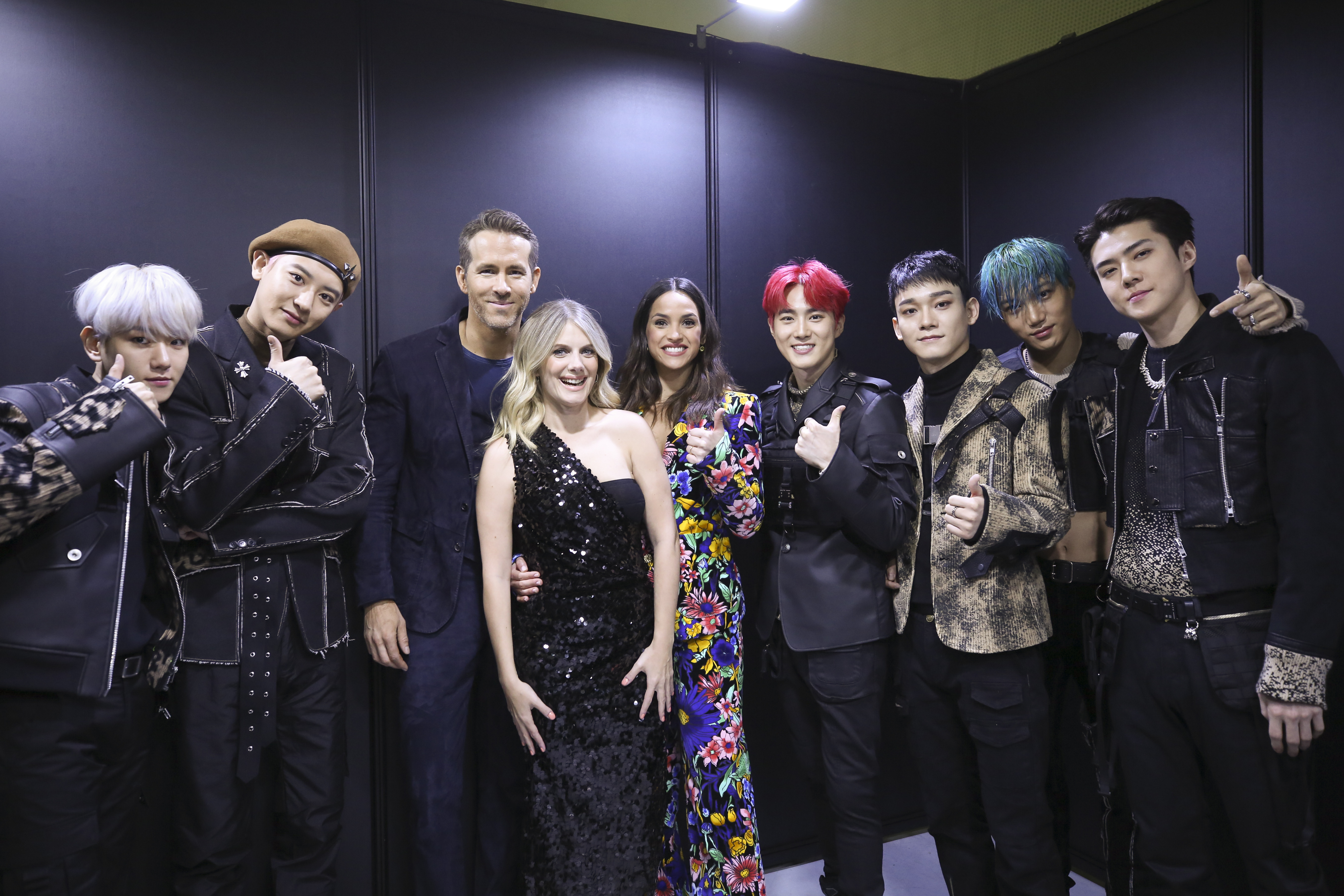 Ryan Reynolds, Mélanie Laurent, Byun Baekhyun, Adria Arjona, Oh Sehun, Park Chan-yeol, Suho, KAI, and Kim Jong-dae at an event for 6 Underground (2019)