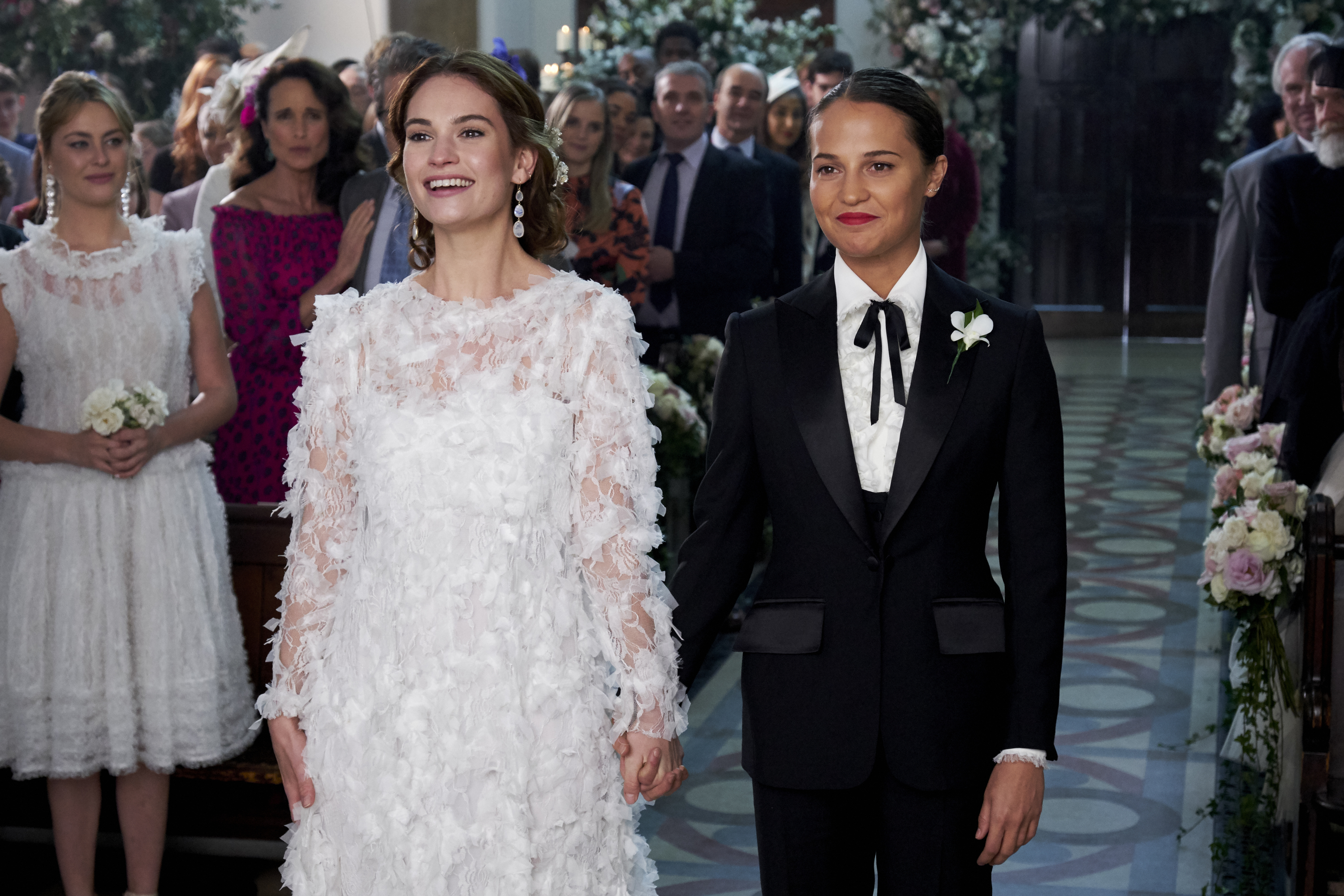 Andie MacDowell, Richard Curtis, Alicia Vikander, and Lily James in One Red Nose and a Wedding (2019)