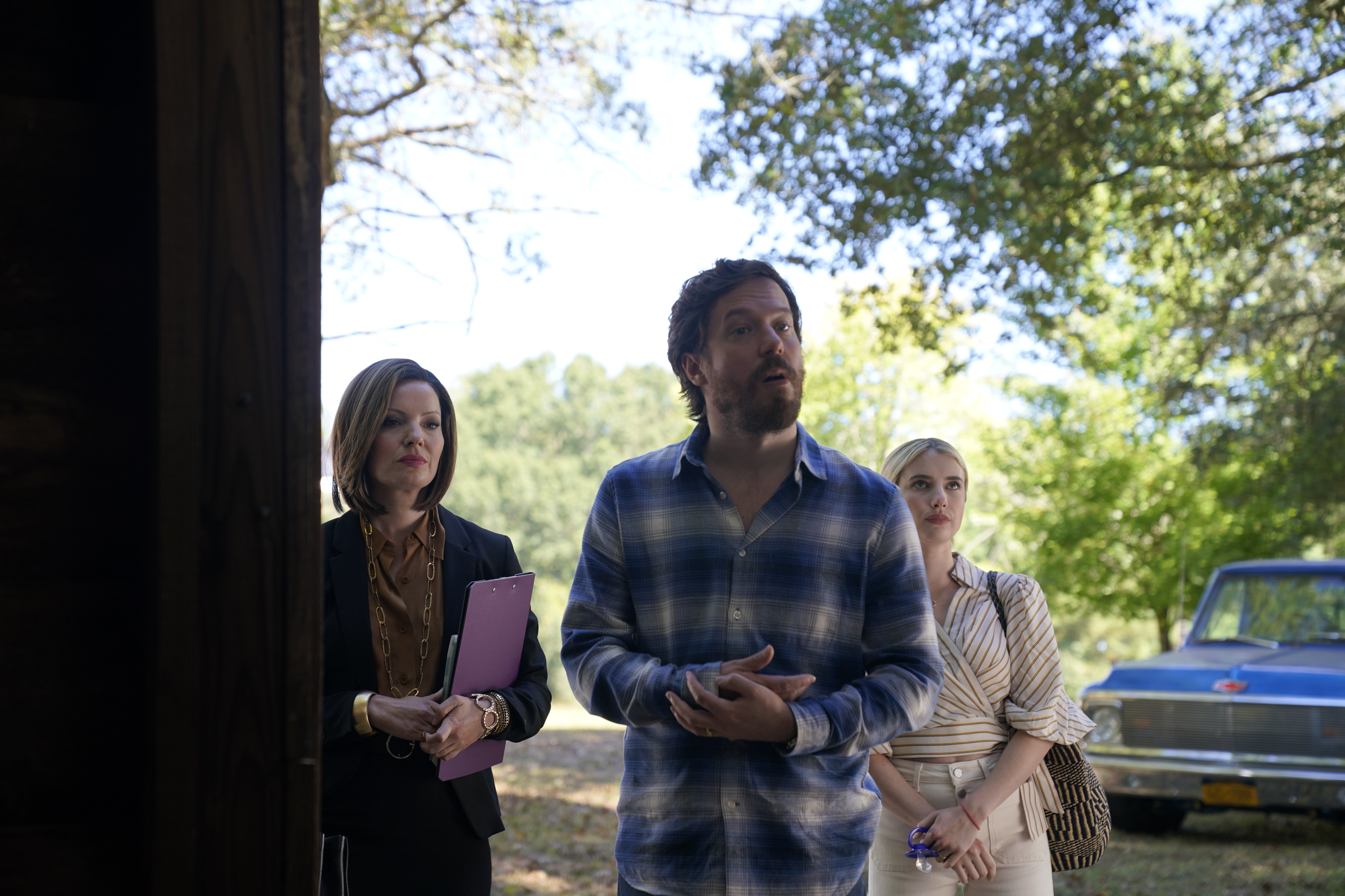 John Gallagher Jr., Emma Roberts, and Kate Arrington in Abandoned (2022)