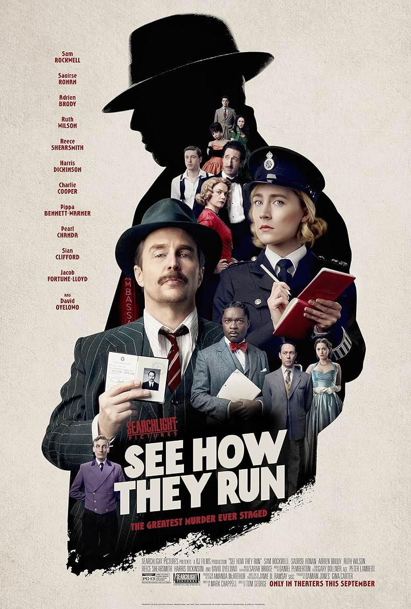 Adrien Brody, Sam Rockwell, David Oyelowo, Reece Shearsmith, Saoirse Ronan, Pippa Bennett-Warner, Ruth Wilson, Sian Clifford, Pearl Chanda, Harris Dickinson, Jacob Fortune-Lloyd, and Charlie Cooper in See How They Run (2022)