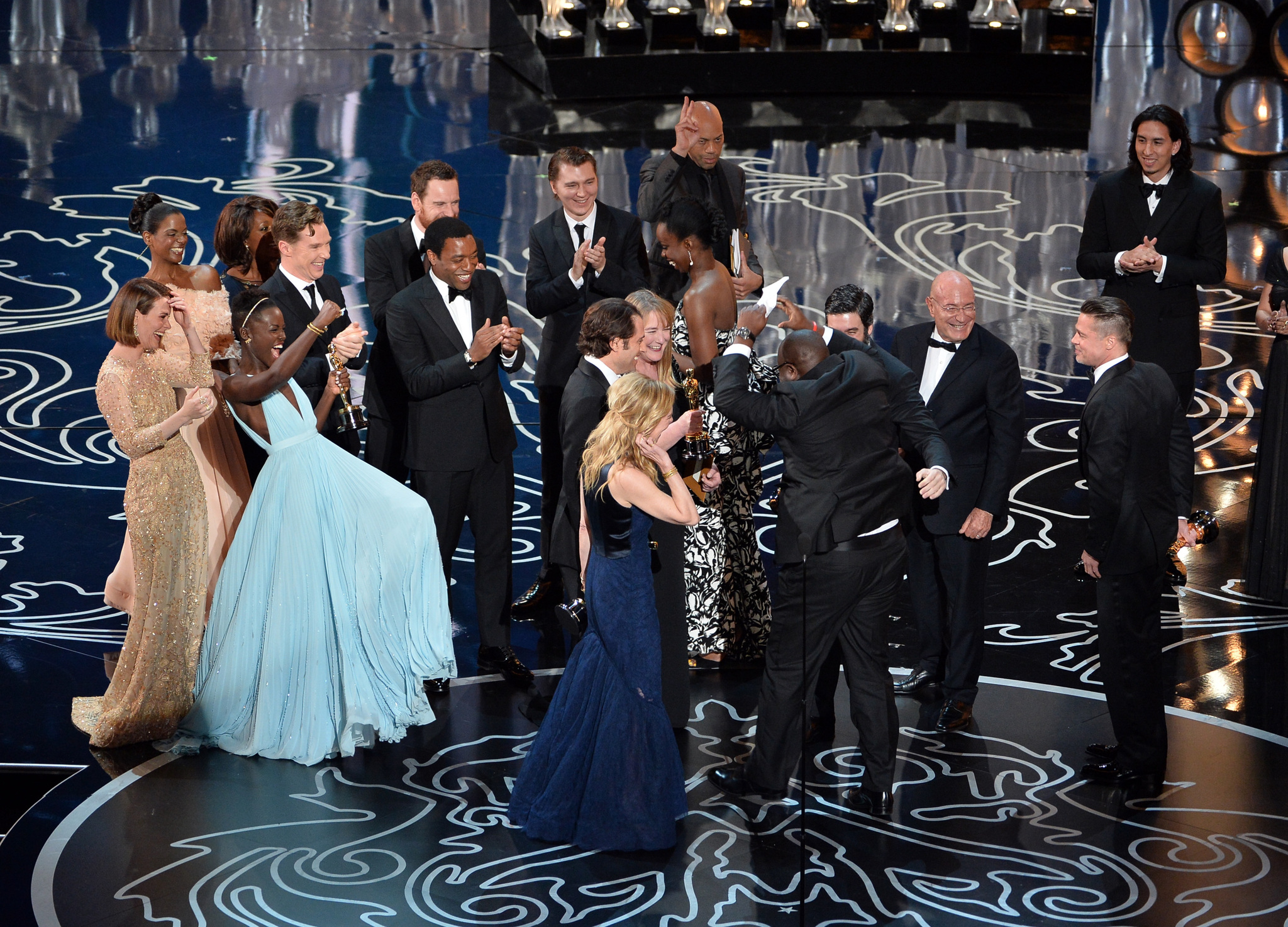 Brad Pitt, Sarah Paulson, Chiwetel Ejiofor, Dede Gardner, Anthony Katagas, Arnon Milchan, John Ridley, Benedict Cumberbatch, Jeremy Kleiner, Adepero Oduye, Lupita Nyong'o, Steve McQueen, and Bianca Stigter at an event for The Oscars (2014)