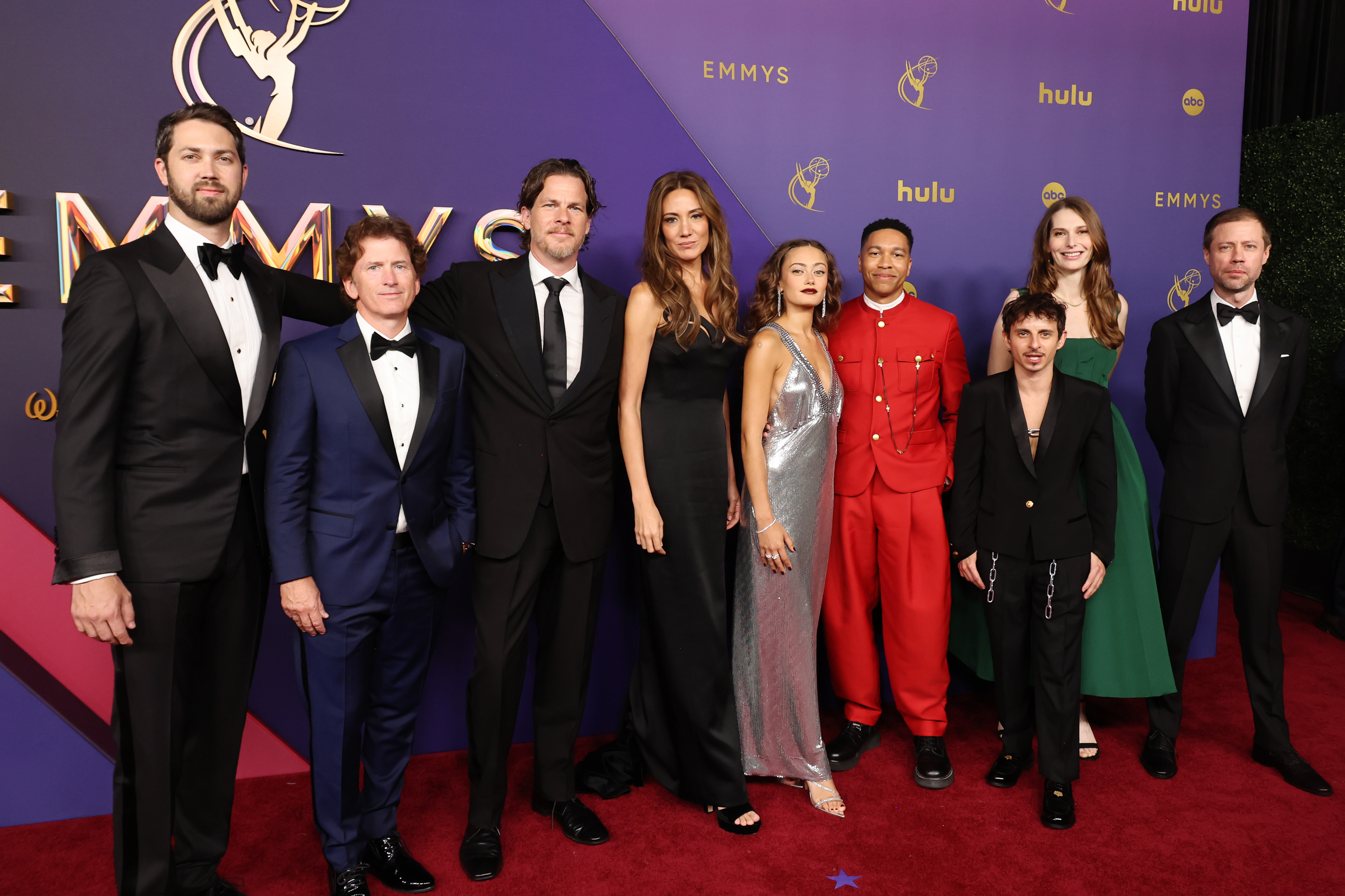 Jonathan Nolan, Graham Wagner, Todd Howard, Moises Arias, Aaron Moten, Lisa Joy, Ella Purnell, and Geneva Robertson-Dworet at an event for The 76th Primetime Emmy Awards (2024)