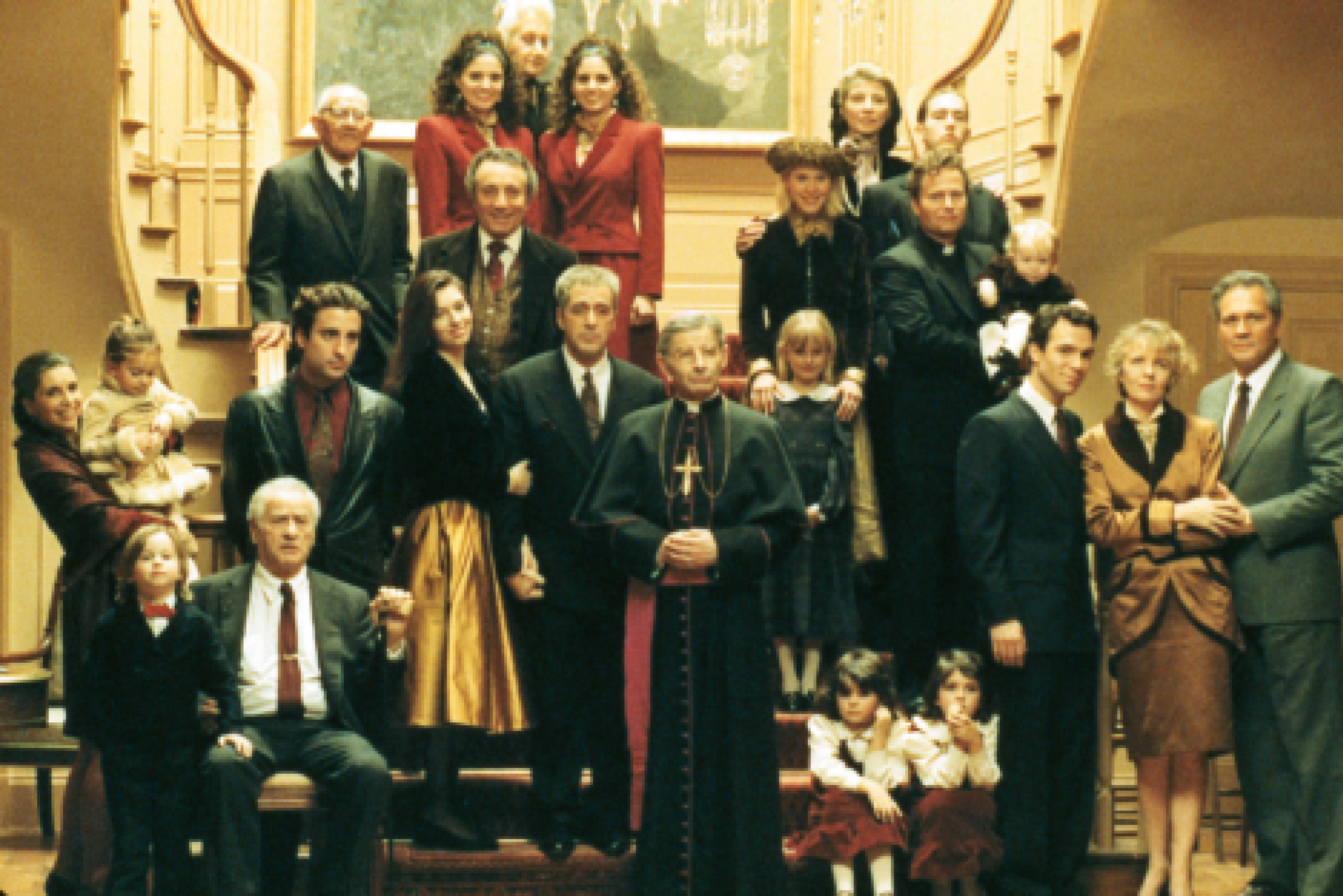 Al Pacino, Andy Garcia, Diane Keaton, Sofia Coppola, John Savage, Talia Shire, Franc D'Ambrosio, Donal Donnelly, Brett Halsey, Tere Livrano, Al Martino, Jeanne Savarino Pesch, Janet Savarino Smith, and Eli Wallach in The Godfather Part III (1990)