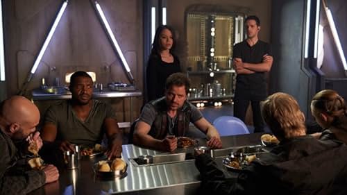 Roger Cross, Anthony Lemke, Conrad Pla, Melissa O'Neil, and Marc Bendavid in Dark Matter (2015)