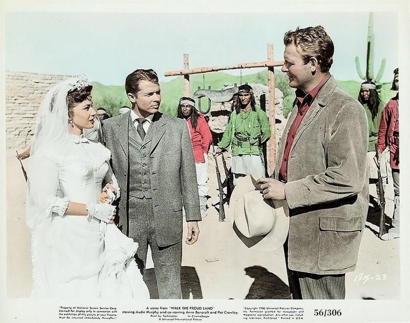 Audie Murphy, Pat Crowley, and Charles Drake in Walk the Proud Land (1956)