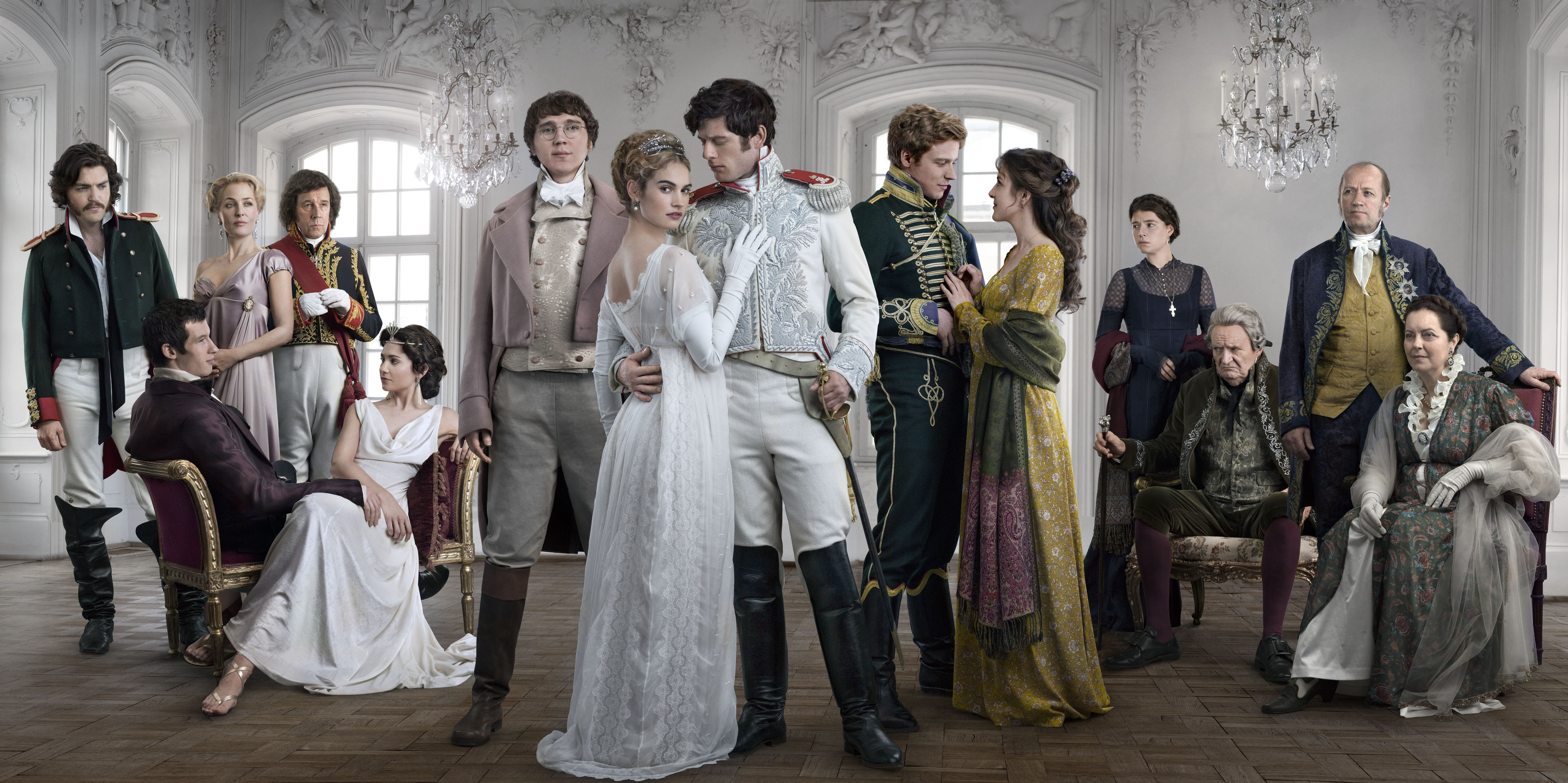 Gillian Anderson, Greta Scacchi, Jim Broadbent, Stephen Rea, Tom Burke, Paul Dano, Adrian Edmondson, Aisling Loftus, Jessie Buckley, Tuppence Middleton, James Norton, Jack Lowden, Lily James, and Callum Turner in War & Peace (2016)