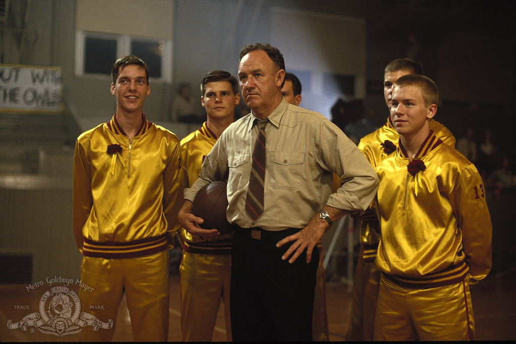 Gene Hackman, Steve Hollar, David Neidorf, and Wade Schenck in Hoosiers (1986)