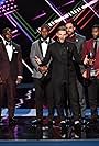 NFL player Julian Edelman (C) and teammates accept the Best Game award for Super Bowl LI (Patriots vs. Falcons) onstage at The 2017 ESPYs