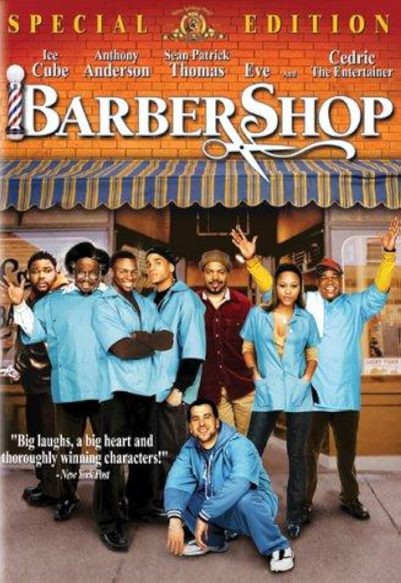 Ice Cube, Anthony Anderson, Cedric The Entertainer, Keith David, Sean Patrick Thomas, Michael Ealy, Eve, and Leonard Earl Howze in Barbershop (2002)