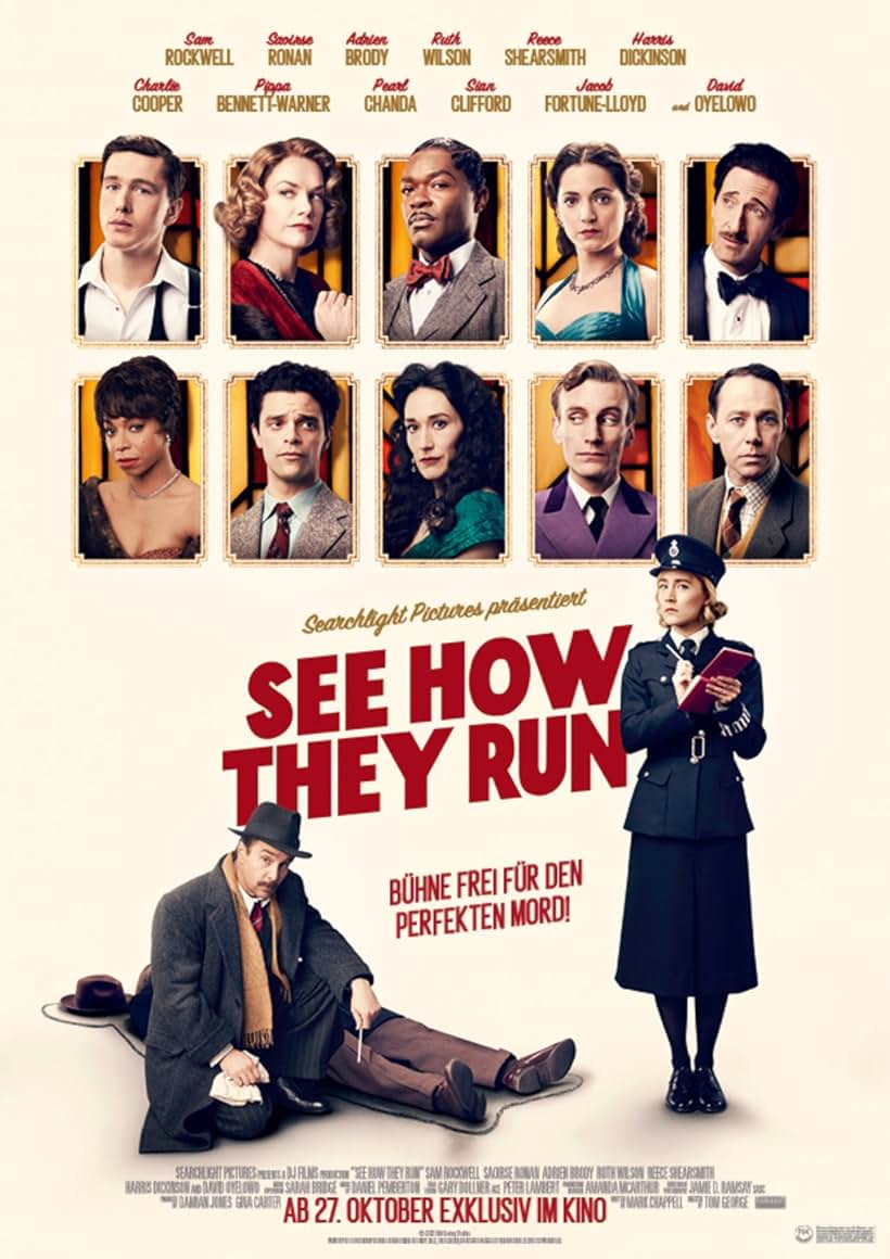 Adrien Brody, Sam Rockwell, David Oyelowo, Reece Shearsmith, Saoirse Ronan, Pippa Bennett-Warner, Ruth Wilson, Sian Clifford, Harris Dickinson, Jacob Fortune-Lloyd, and Charlie Cooper in See How They Run (2022)