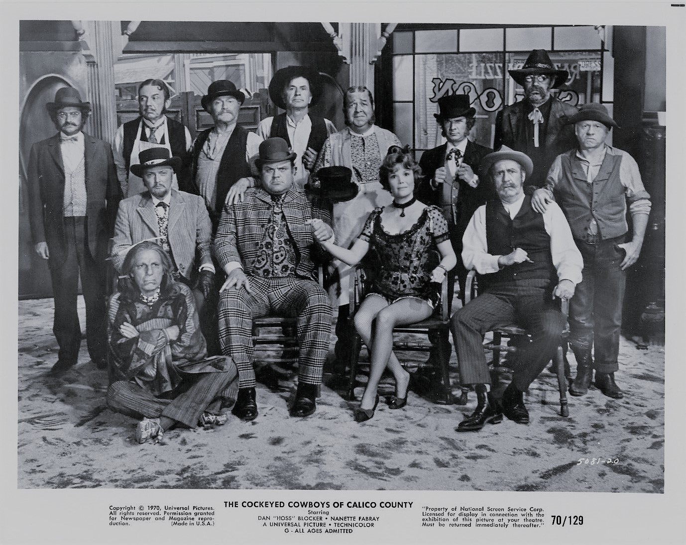 Jim Backus, Noah Beery Jr., Jack Elam, Mickey Rooney, Iron Eyes Cody, Don 'Red' Barry, Dan Blocker, Jack Cassidy, Wally Cox, Nanette Fabray, Henry Jones, and Stubby Kaye in The Cockeyed Cowboys of Calico County (1970)