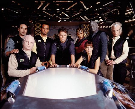 Enid-Raye Adams, Gus Lynch, Dean Marshall, Dylan Neal, Myriam Sirois, Warren Takeuchi, Alex Zahara, and Jennie Rebecca Hogan in Babylon 5: The Legend of the Rangers: To Live and Die in Starlight (2002)