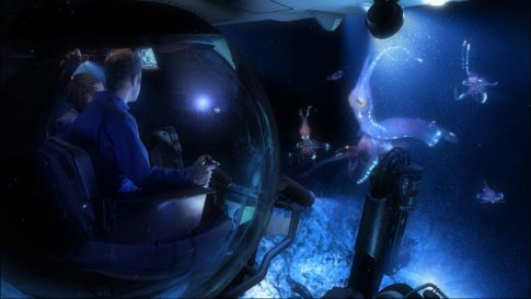 Conceptual footage:  An imaginary futuristic mission to an as yet undiscovered world encounters alien life.  In crew sphere; Dijanna Figueroa (Marine Animal Physiologist - University of California at Santa Barbara, left), Kevin Peter Hand (Planetary Scientist, Sanford University/SETI Institute, right)