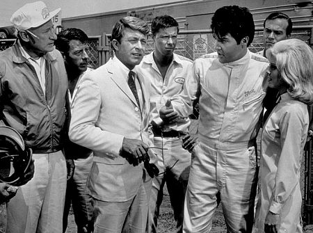 Elvis Presley, Carl Ballantine, Bill Bixby, and Nancy Sinatra in "Speedway," MGM, 1968.