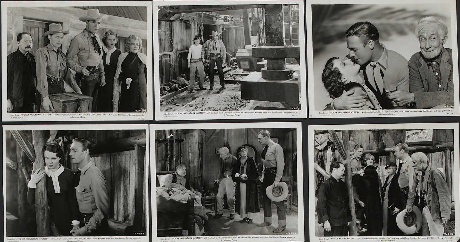 Randolph Scott, Kathleen Burke, Mrs. Leslie Carter, James Eagles, Willie Fung, George F. Marion, Charles 'Chic' Sale, and Ann Sheridan in Rocky Mountain Mystery (1935)