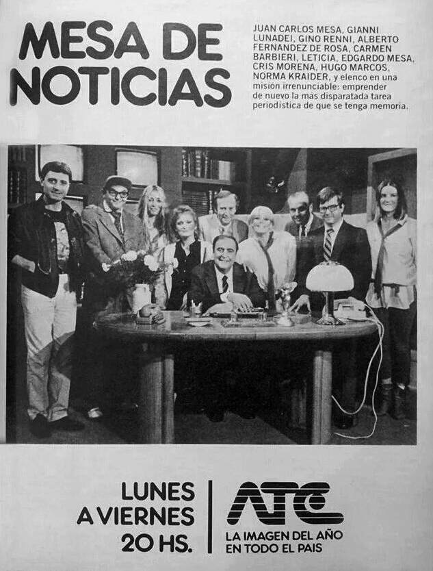 Alberto Fernández de Rosa, Norma Kraider, Gianni Lunadei, Edgardo Mesa, Juan Carlos Mesa, Cris Morena, Gino Renni, Leticia Moreira, and Hugo Daniel Marcos in Mesa de noticias (1983)