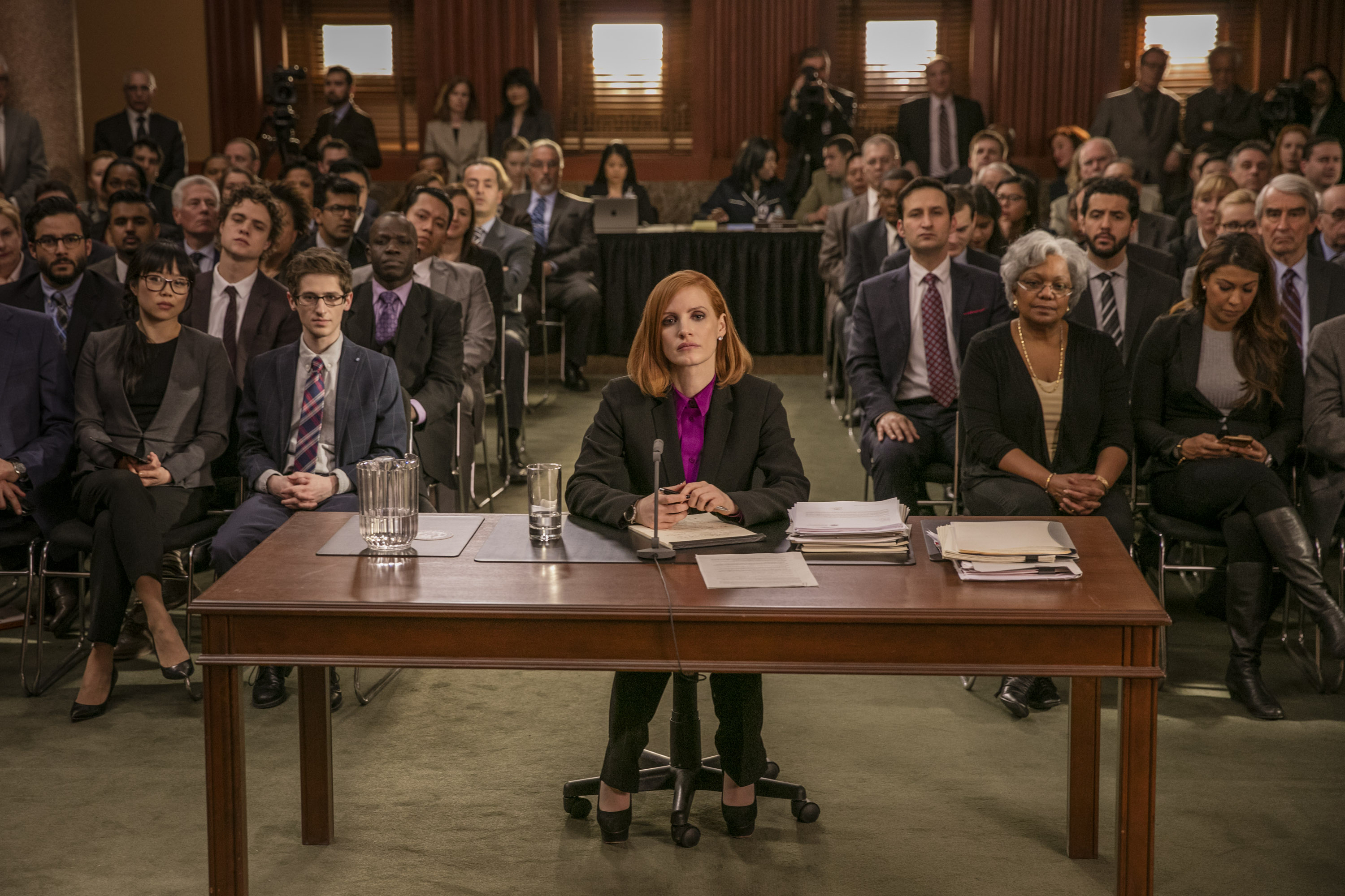 Sam Waterston, Raoul Bhaneja, Grace Lynn Kung, Douglas Smith, Ennis Esmer, Jessica Chastain, Zach Smadu, and Noah Robbins in Miss Sloane (2016)