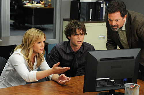 A.J. Cook, Jonathan Goldstein, and Matthew Gray Gubler in Criminal Minds (2005)