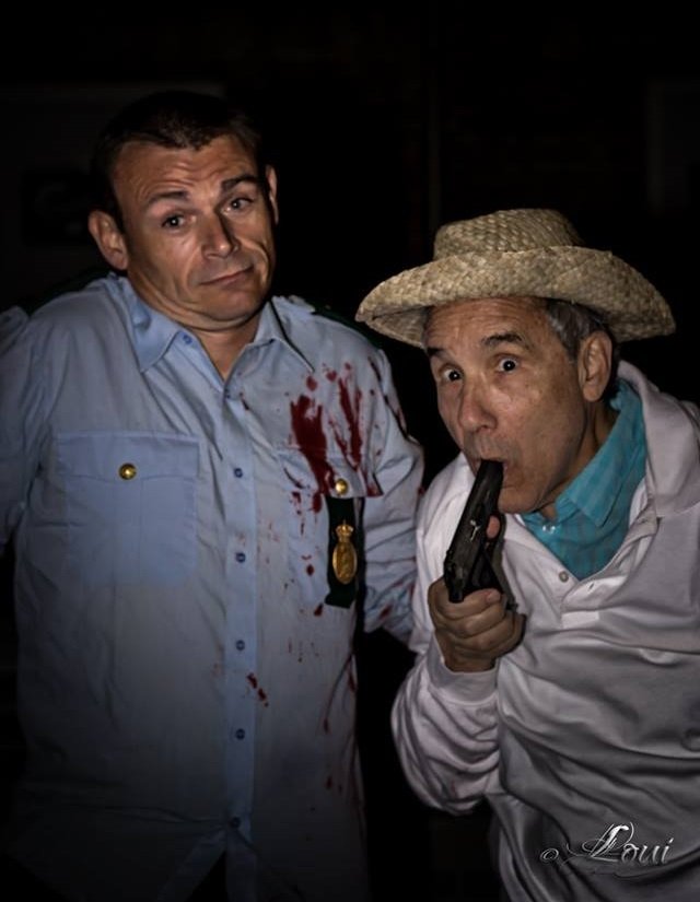 Lloyd Kaufman and Kim Sønderholm goofing off at set of "Escaping the Dead", in Copenhagen, fall 2014