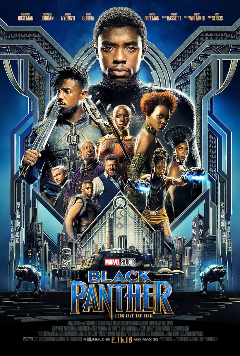 Angela Bassett, Forest Whitaker, Martin Freeman, Michael B. Jordan, Andy Serkis, Chadwick Boseman, Danai Gurira, Lupita Nyong'o, Daniel Kaluuya, and Letitia Wright in Black Panther (2018)