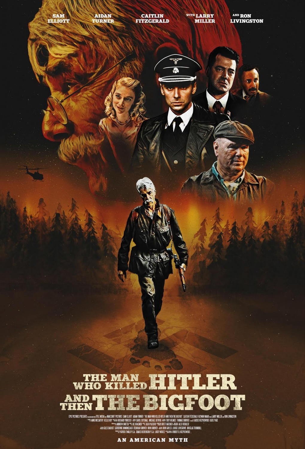 Sam Elliott, Ron Livingston, Rizwan Manji, Larry Miller, Caitlin FitzGerald, and Aidan Turner in The Man Who Killed Hitler and Then the Bigfoot (2018)