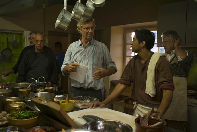 Lasse Hallström, Om Puri, and Manish Dayal in The Hundred-Foot Journey (2014)