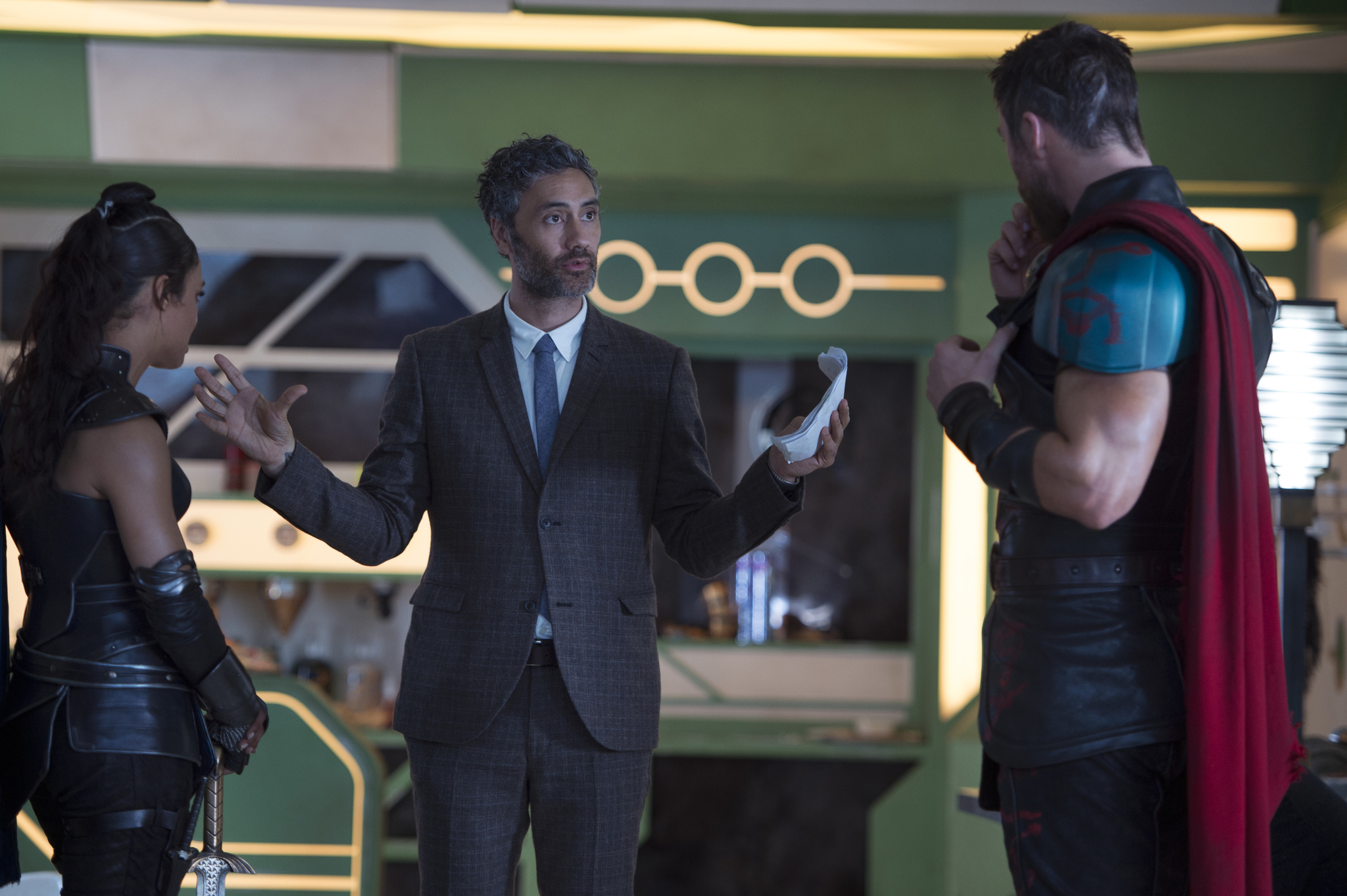 Taika Waititi, Chris Hemsworth, and Tessa Thompson in Thor: Ragnarok (2017)