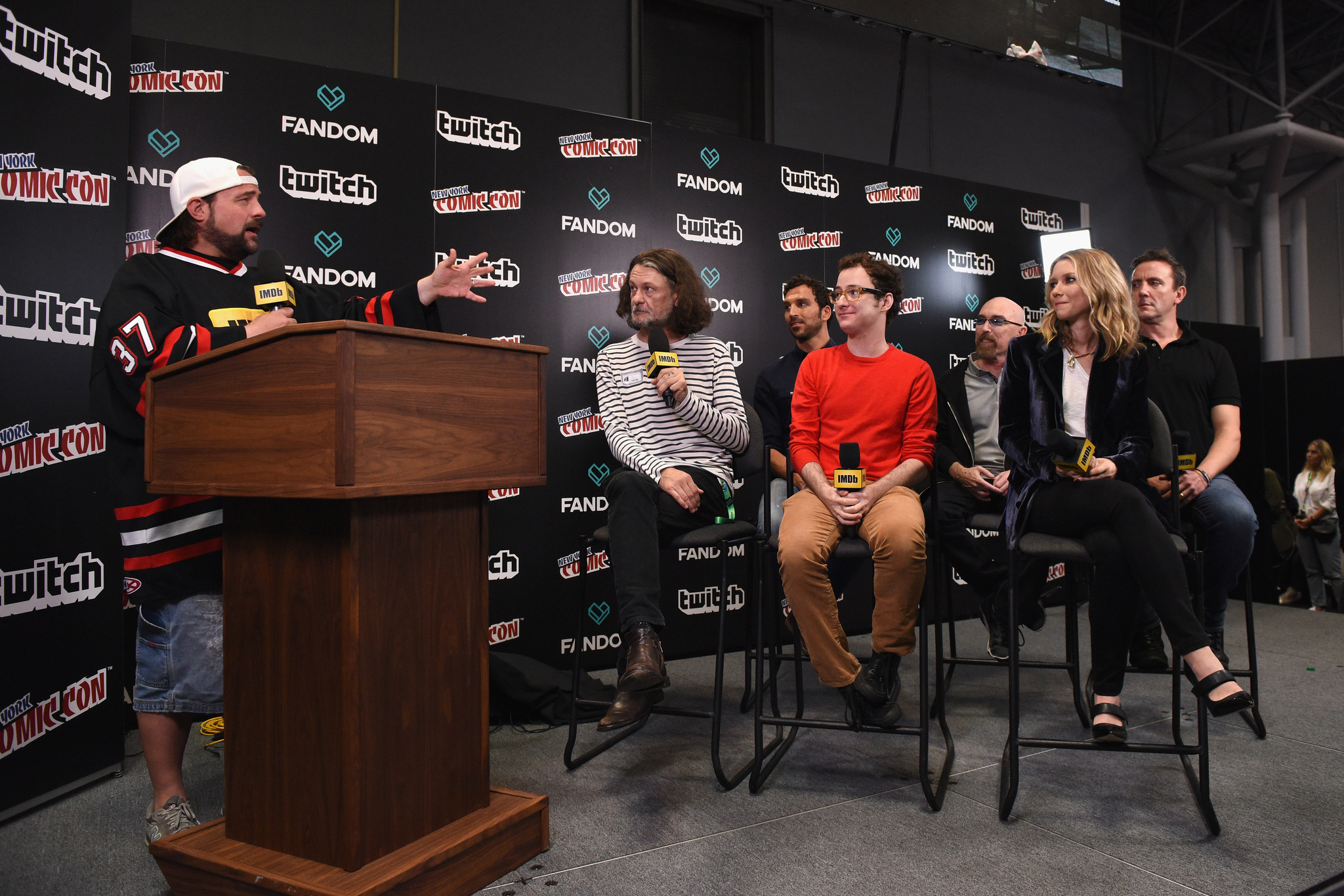 Kevin Smith, Ben Edlund, Jackie Earle Haley, Peter Serafinowicz, Scott Speiser, Griffin Newman, and Valorie Curry at an event for The Tick (2016)