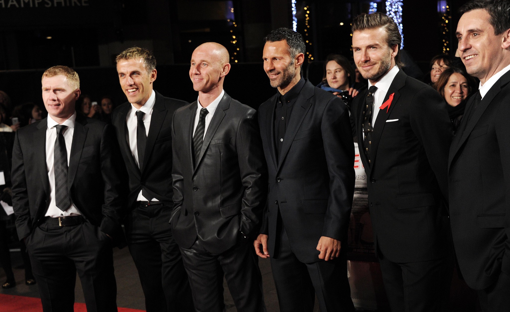 David Beckham, Ryan Giggs, Gary Neville, Phil Neville, Nicky Butt, and Paul Scholes at an event for The Class of '92 (2013)