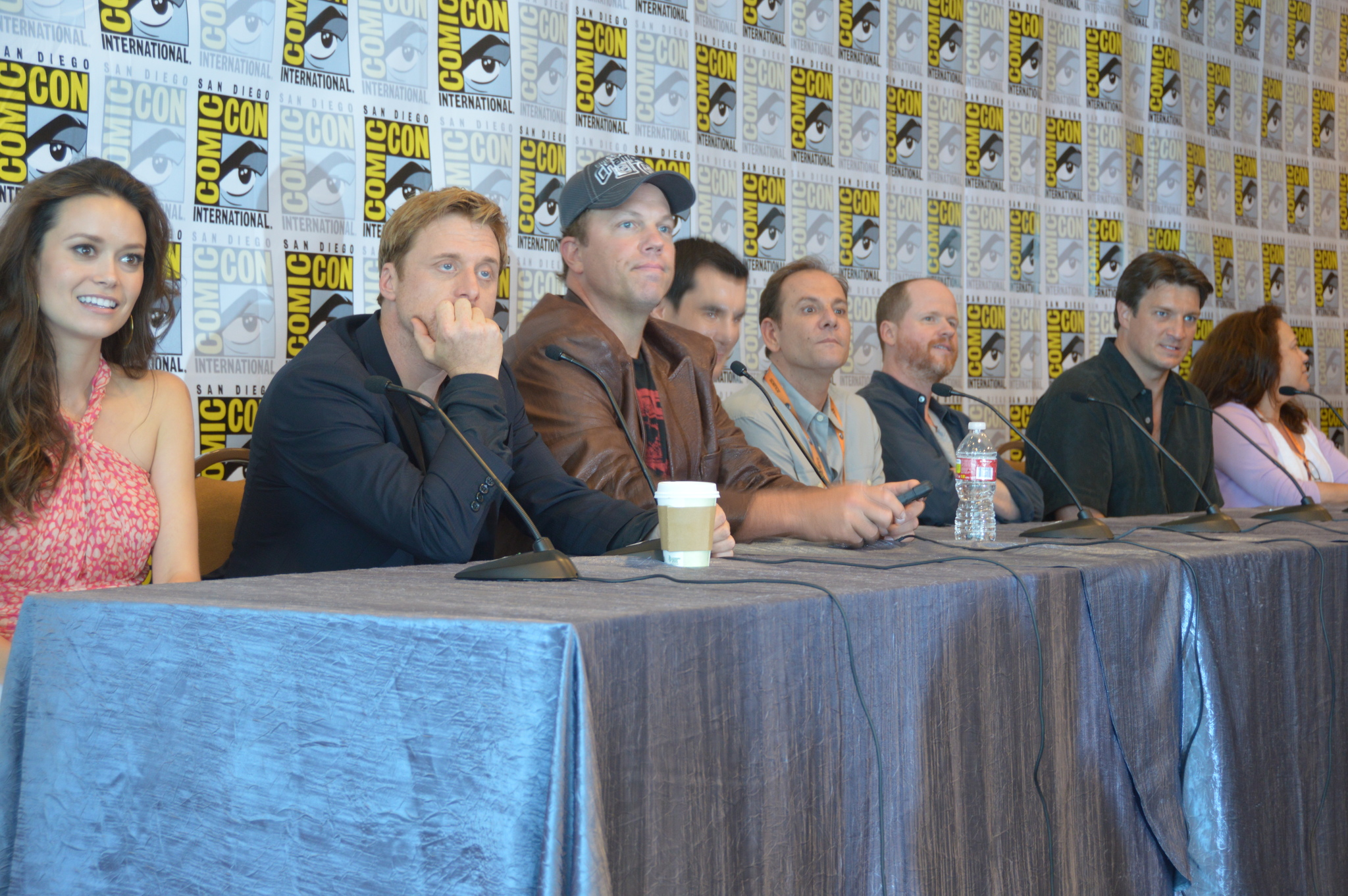 Adam Baldwin, Nathan Fillion, Sean Maher, Tim Minear, Alan Tudyk, Joss Whedon, and Summer Glau at an event for Firefly (2002)