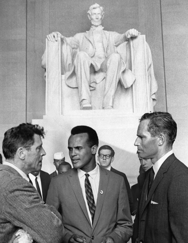 Charlton Heston, Burt Lancaster, Harry Belafonte, and Abraham Lincoln