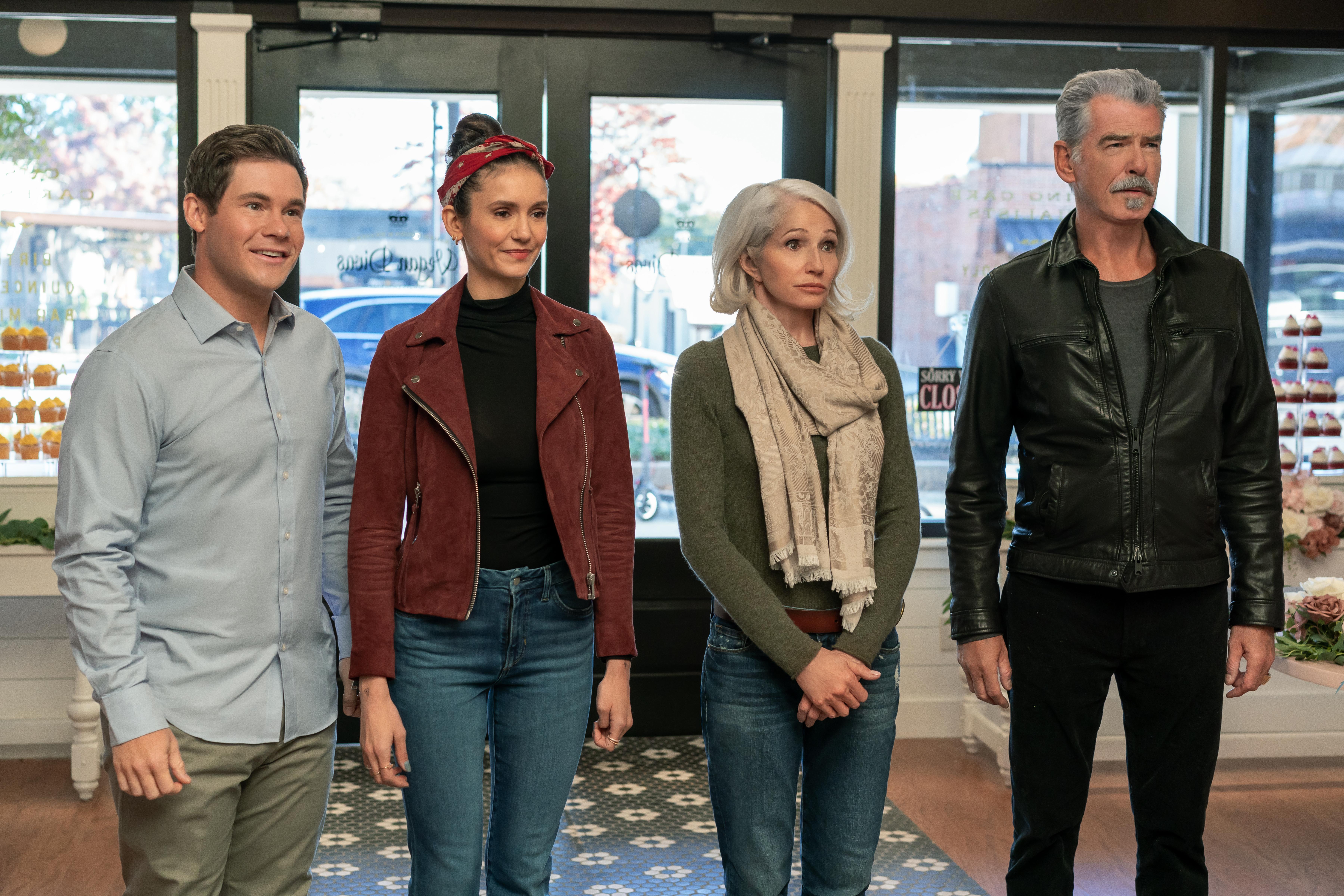 Pierce Brosnan, Ellen Barkin, Nina Dobrev, and Adam Devine in The Out-Laws (2023)