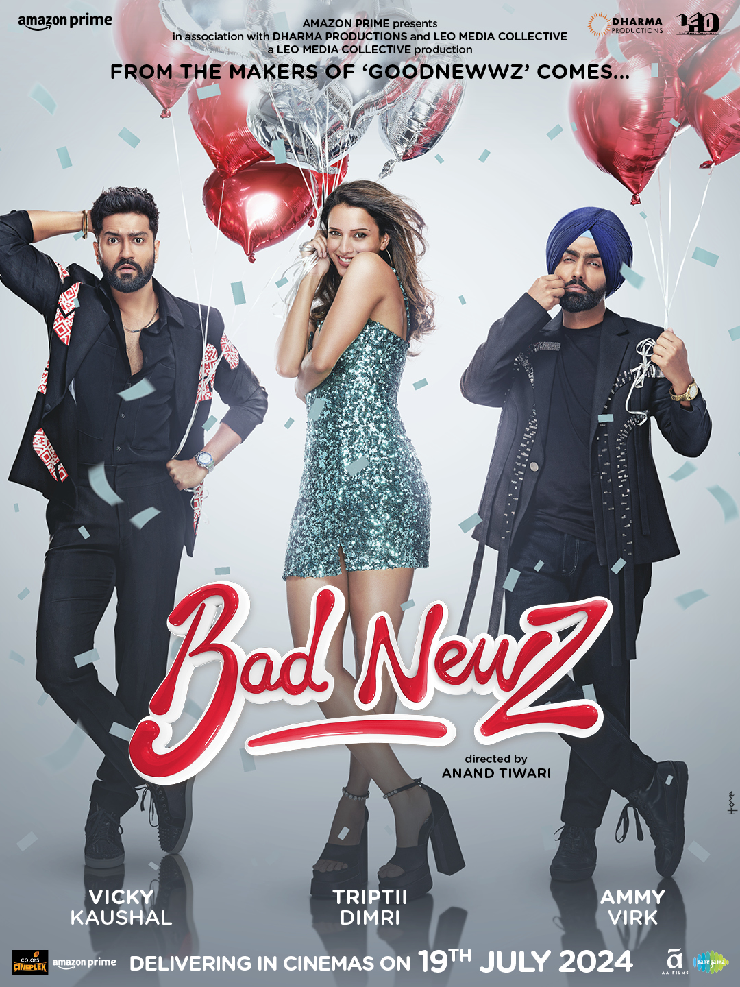 Vicky Kaushal, Ammy Virk, and Triptii Dimri in Bad Newz (2024)