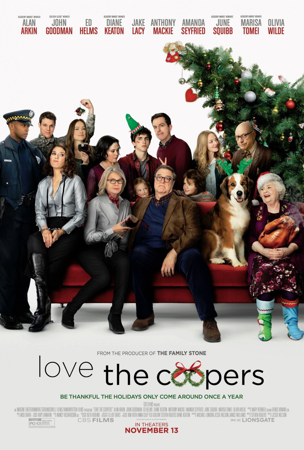 Alan Arkin, John Goodman, Diane Keaton, Marisa Tomei, Alex Borstein, June Squibb, Amanda Seyfried, Anthony Mackie, Ed Helms, Olivia Wilde, Timothée Chalamet, Jake Lacy, Maxwell Simkins, and Blake Baumgartner in Love the Coopers (2015)