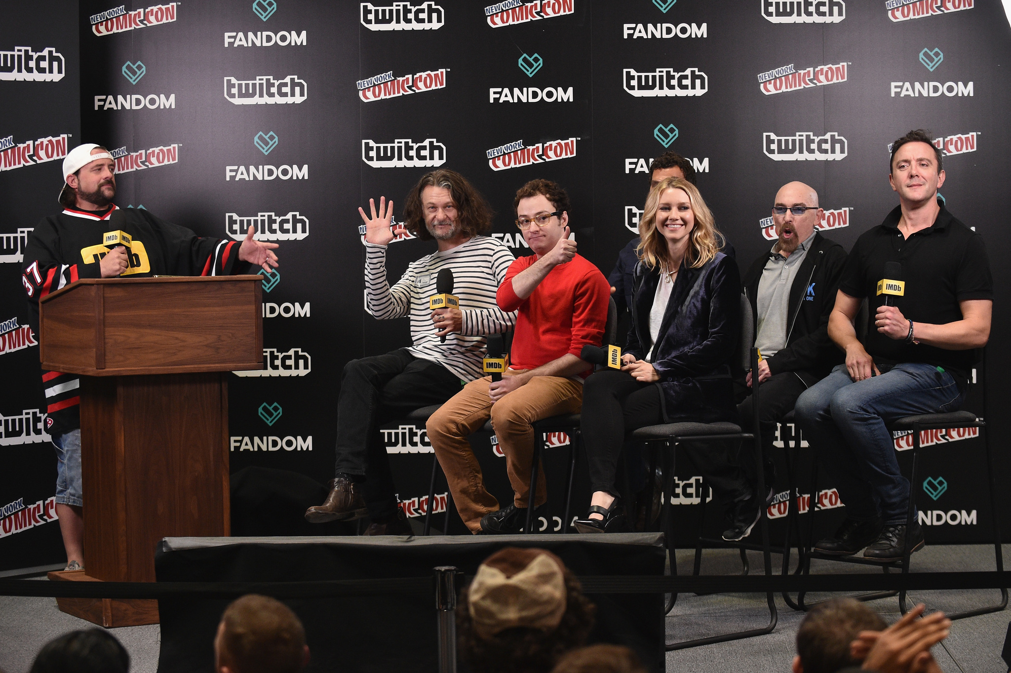 Kevin Smith, Ben Edlund, Jackie Earle Haley, Peter Serafinowicz, Scott Speiser, Griffin Newman, and Valorie Curry at an event for The Tick (2016)