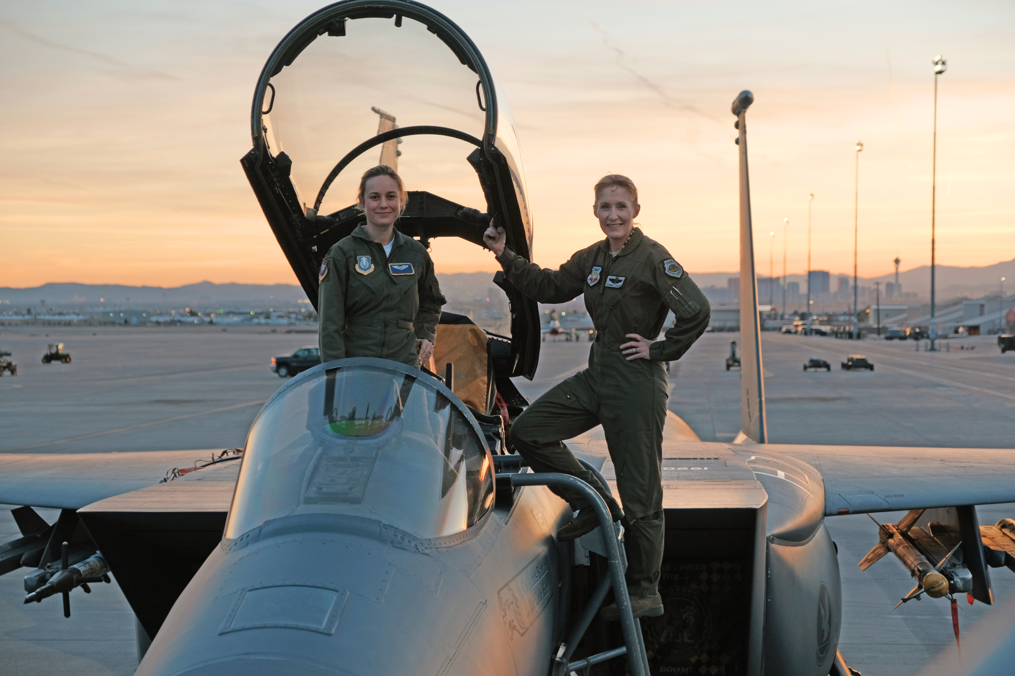 Brie Larson (left) gets hands-on help from Brigadier General Jeannie Leavitt, 57th Wing Commander (right), on a recent trip to Nellis Air Force Base in Nevada to research her character, Carol Danvers, aka Captain Marvel, for Marvel Studios' 'Captain Marvel.'