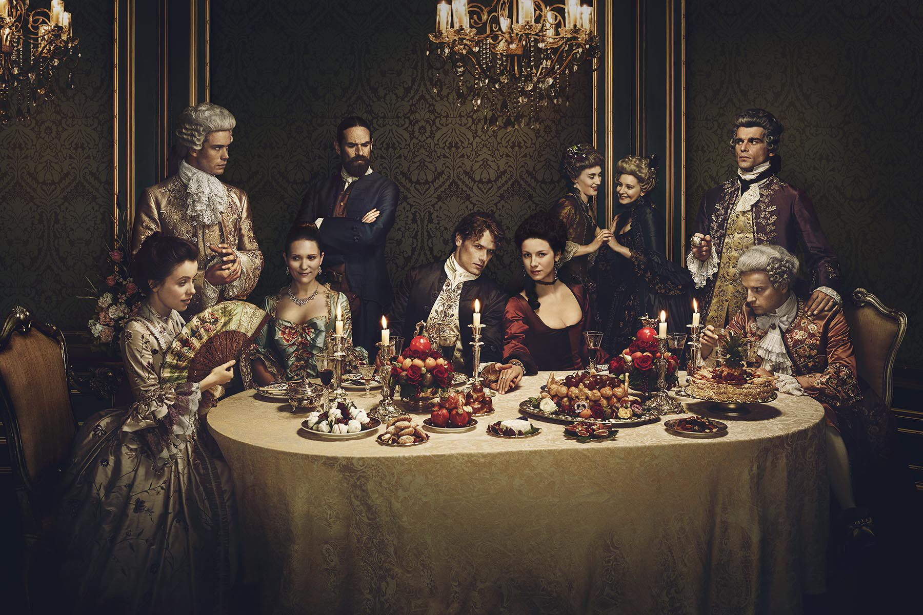 Rosie Day, Caitríona Balfe, Sam Heughan, Stanley Weber, Lionel Lingelser, Duncan Lacroix, Claire Sermonne, and Andrew Gower in Outlander (2014)