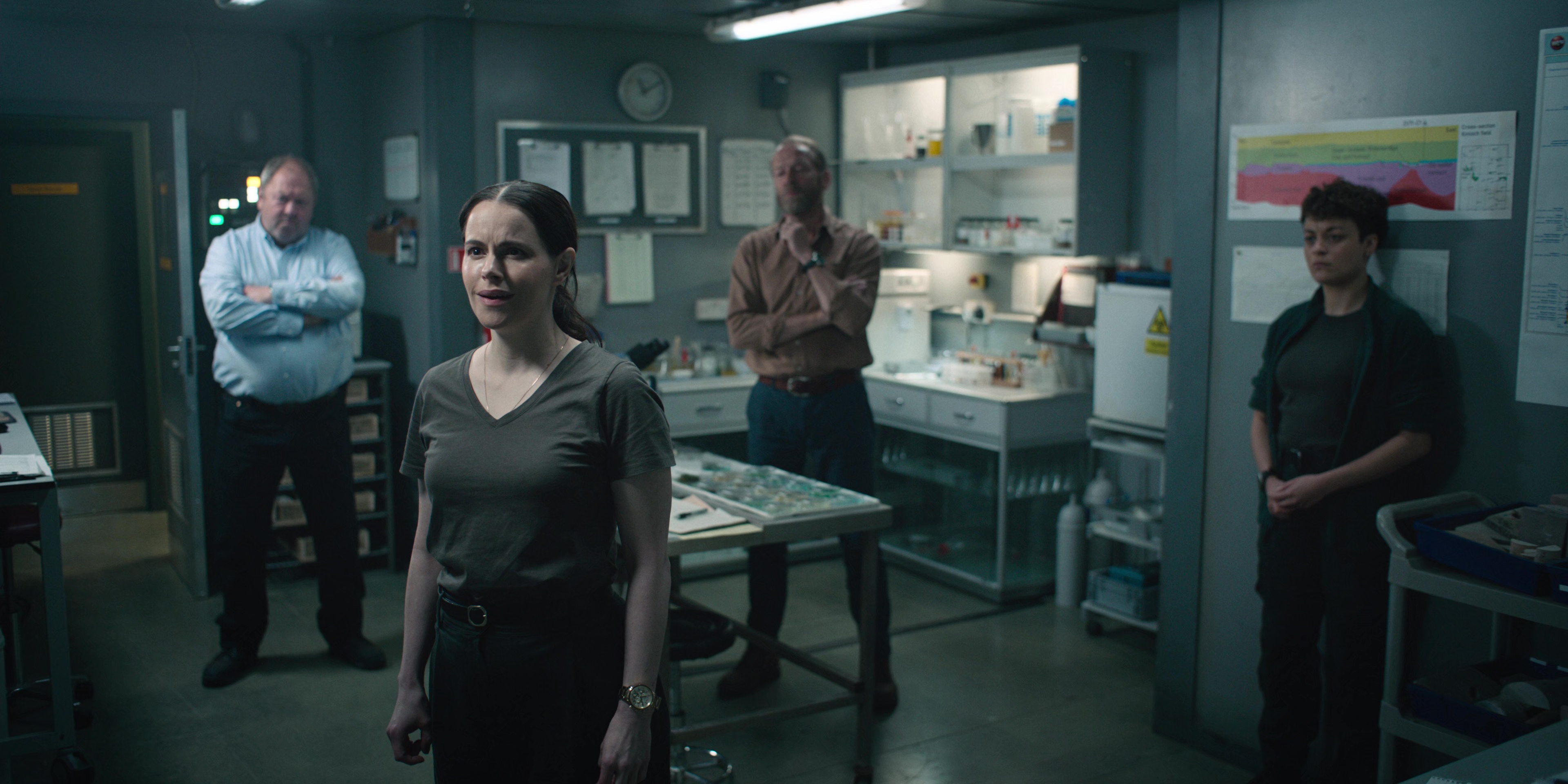 Mark Addy, Iain Glen, Emily Hampshire, and Rochenda Sandall in The Rig (2023)