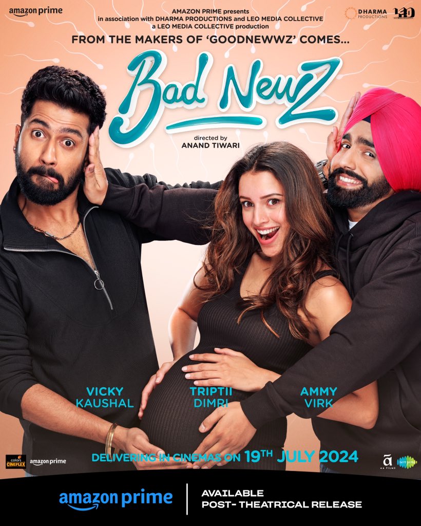 Vicky Kaushal, Ammy Virk, and Triptii Dimri in Bad Newz (2024)