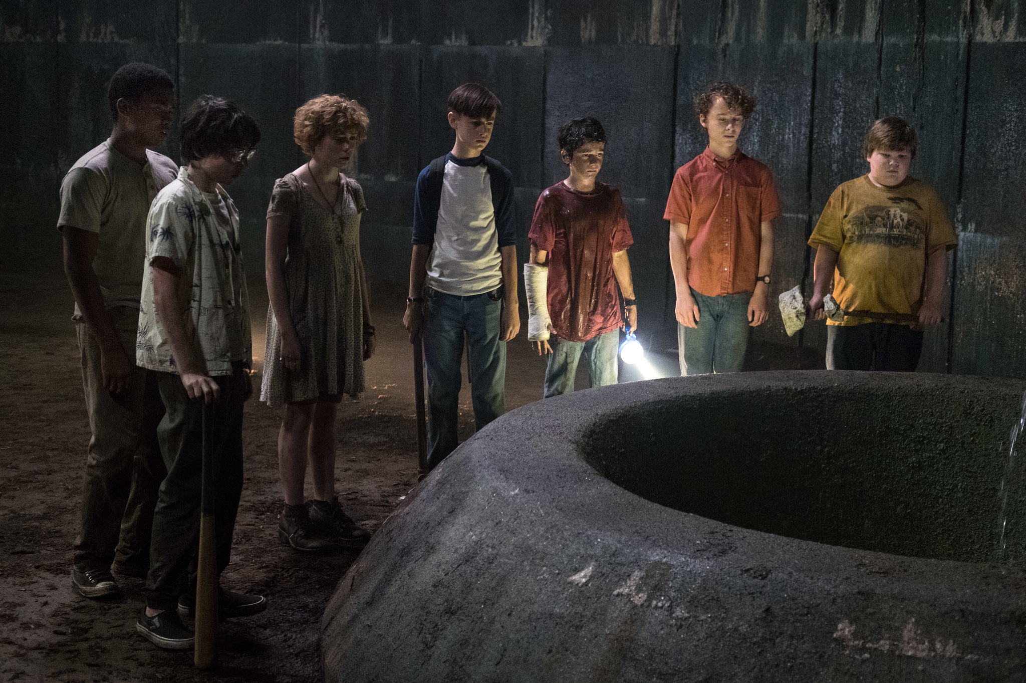 Wyatt Oleff, Jeremy Ray Taylor, Jaeden Martell, Finn Wolfhard, Sophia Lillis, Jack Dylan Grazer, and Chosen Jacobs in It (2017)