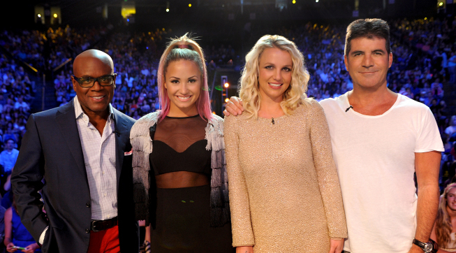 Britney Spears, Simon Cowell, L.A. Reid, and Demi Lovato in The X Factor (2011)