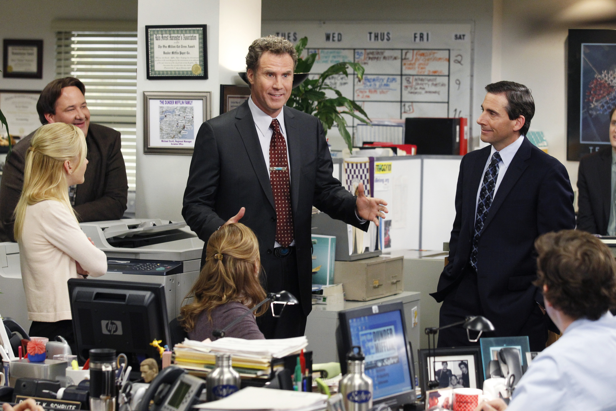 Will Ferrell, Steve Carell, Jenna Fischer, John Krasinski, Angela Kinsey, Brian Baumgartner, and Zach Woods in The Office (2005)