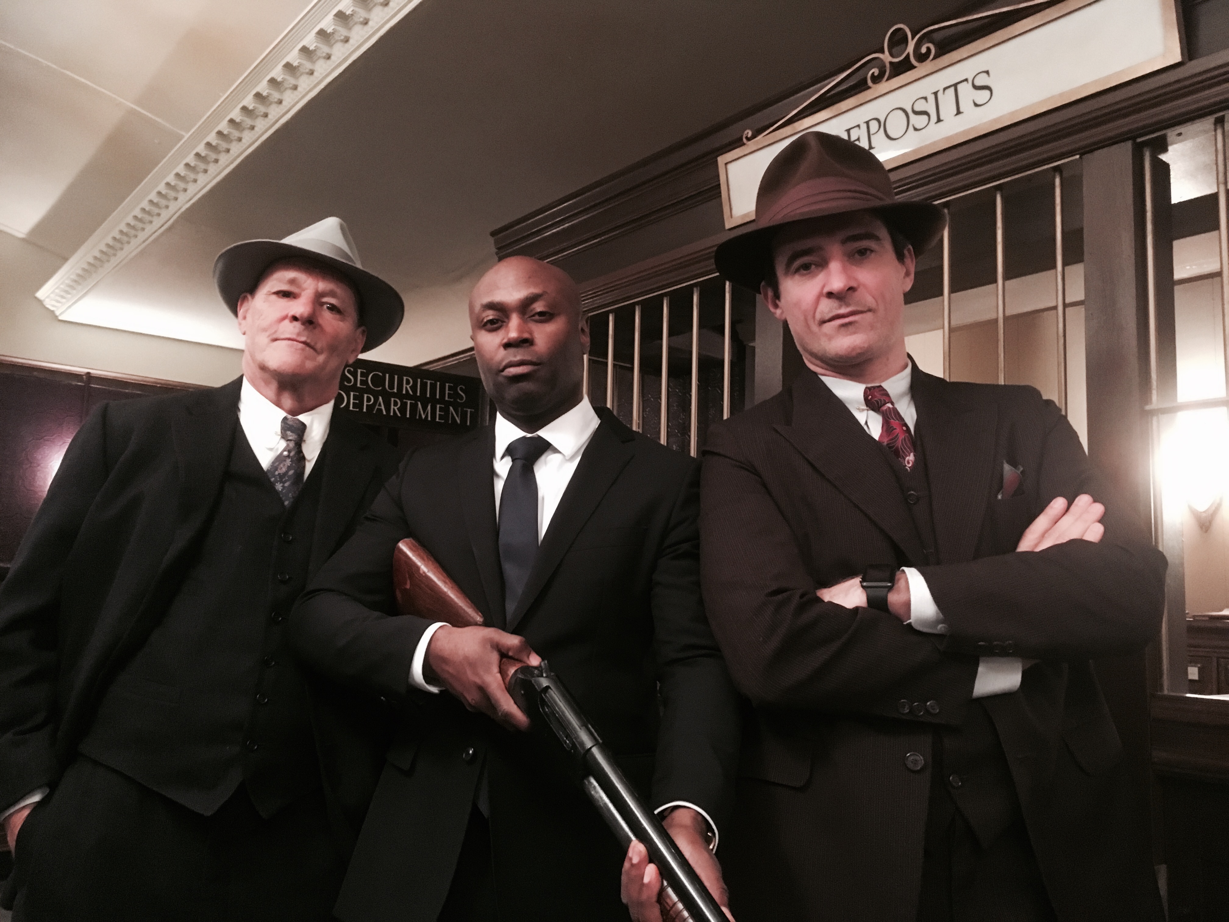 Chris Mulkey, Anslem Richardson, and Goran Visnjic on the set of Timeless and Last Ride of Bonnie & Clyde