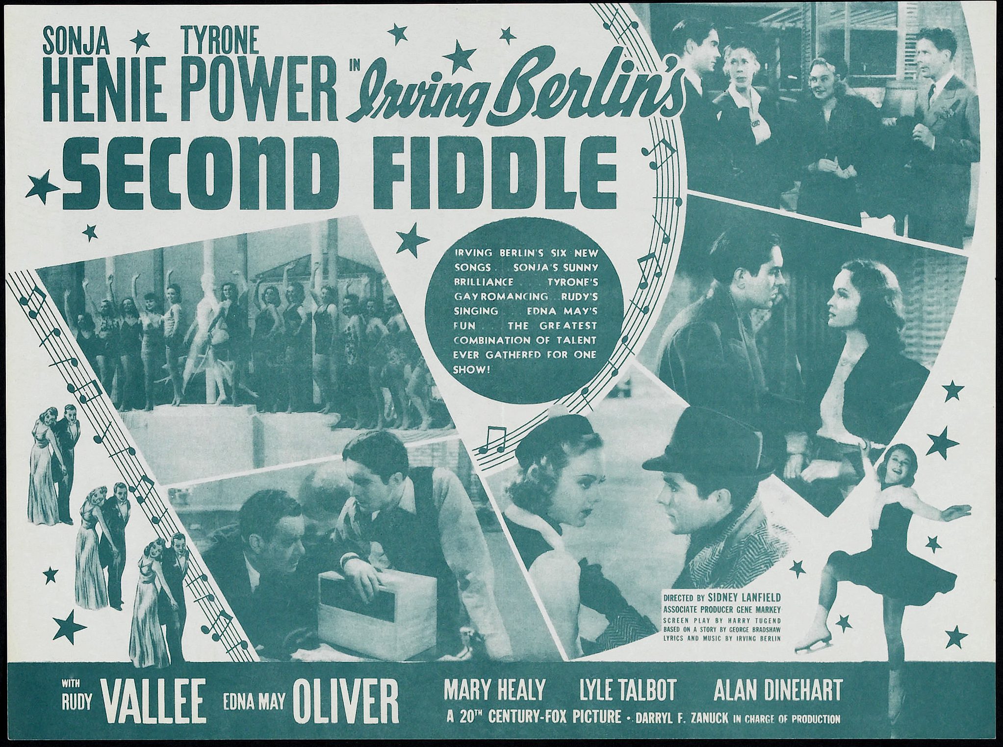 Tyrone Power, Alan Dinehart, Mary Healy, Sonja Henie, Edna May Oliver, and Rudy Vallee in Second Fiddle (1939)