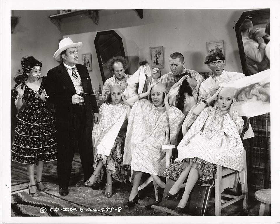 Moe Howard, Larry Fine, Dorothy Appleby, Dorothy DeHaven, Curly Howard, Marjorie Kane, Bob O'Connor, and Blanca Vischer in Cookoo Cavaliers (1940)