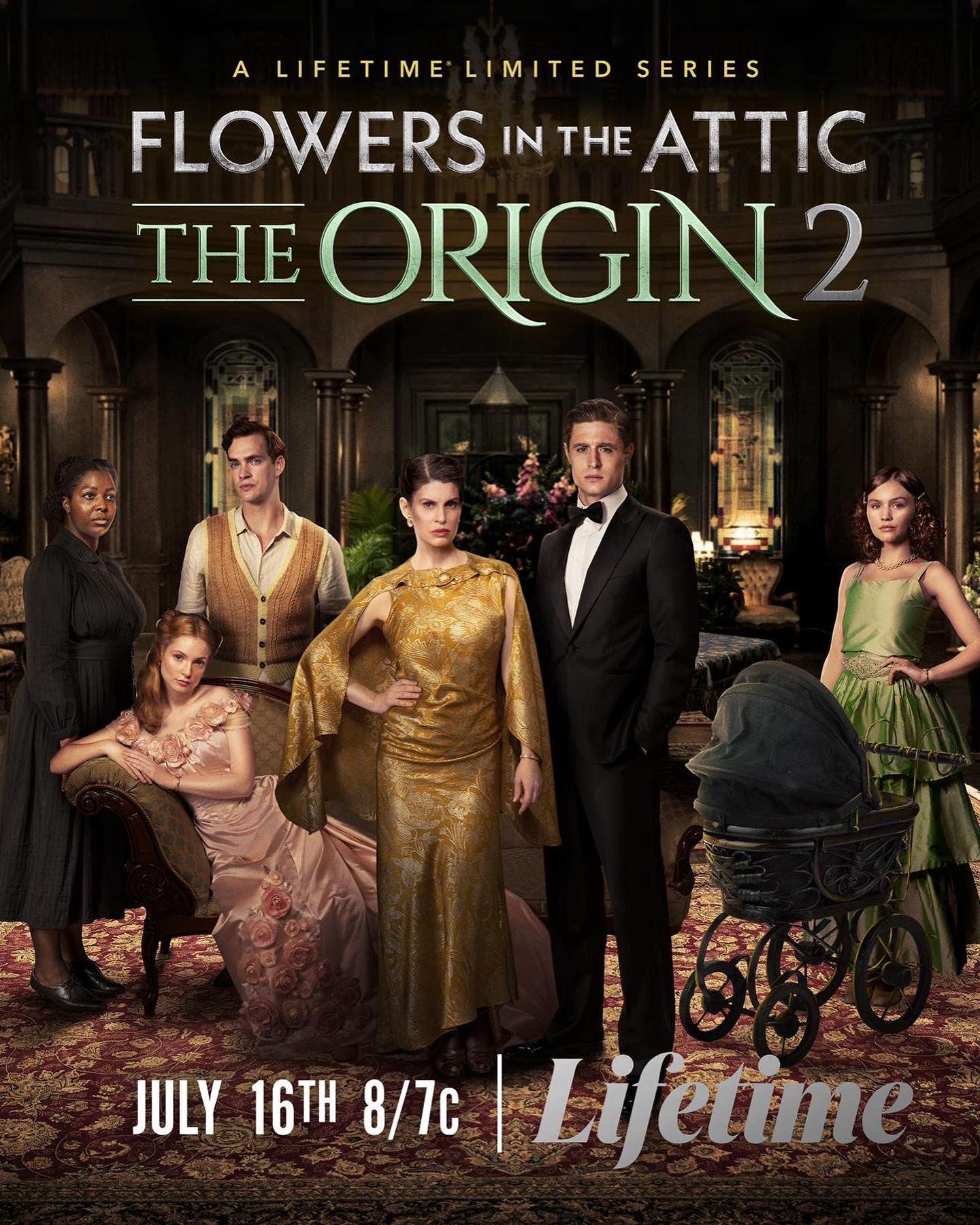 Jemima Rooper, Max Irons, Alana Boden, Hannah Dodd, T'Shan Williams, and Luke Fetherston in Flowers in the Attic: The Origin (2022)