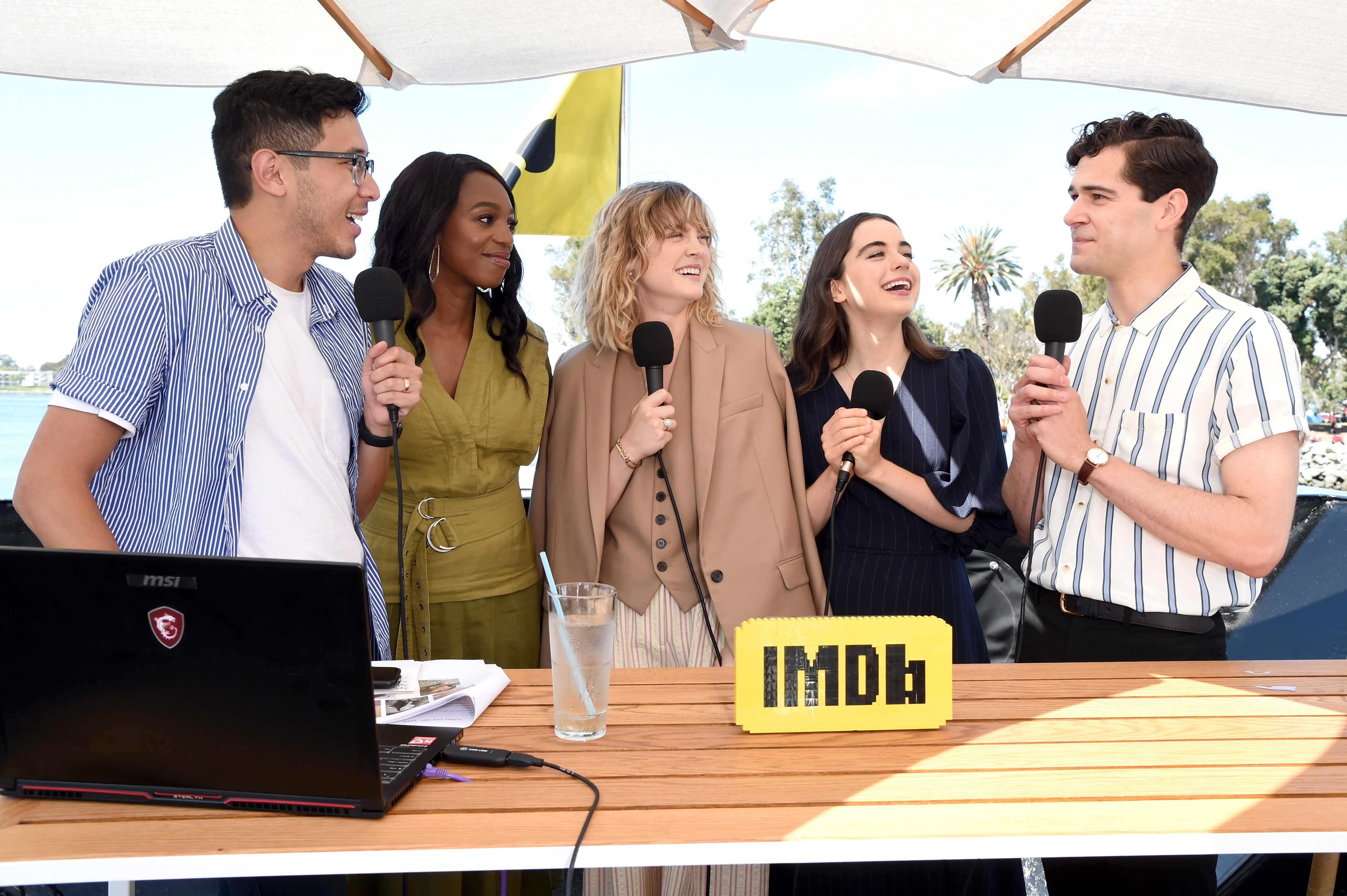 Enuka Okuma, Ian de Borja, Daniel Maslany, Sarah Desjardins, and Maddie Hasson at an event for IMDb at San Diego Comic-Con (2016)