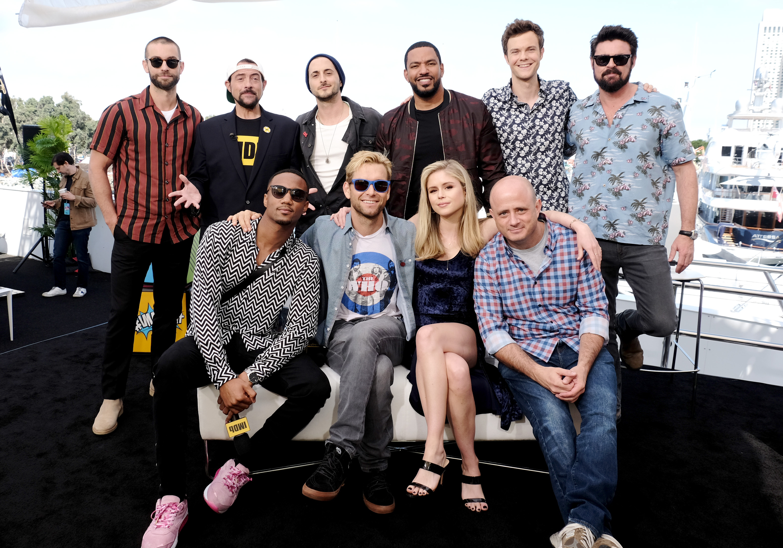 Kevin Smith, Laz Alonso, Eric Kripke, Karl Urban, Antony Starr, Jessie T. Usher, Chace Crawford, Erin Moriarty, Jack Quaid, and Tomer Capone at an event for The Boys (2019)