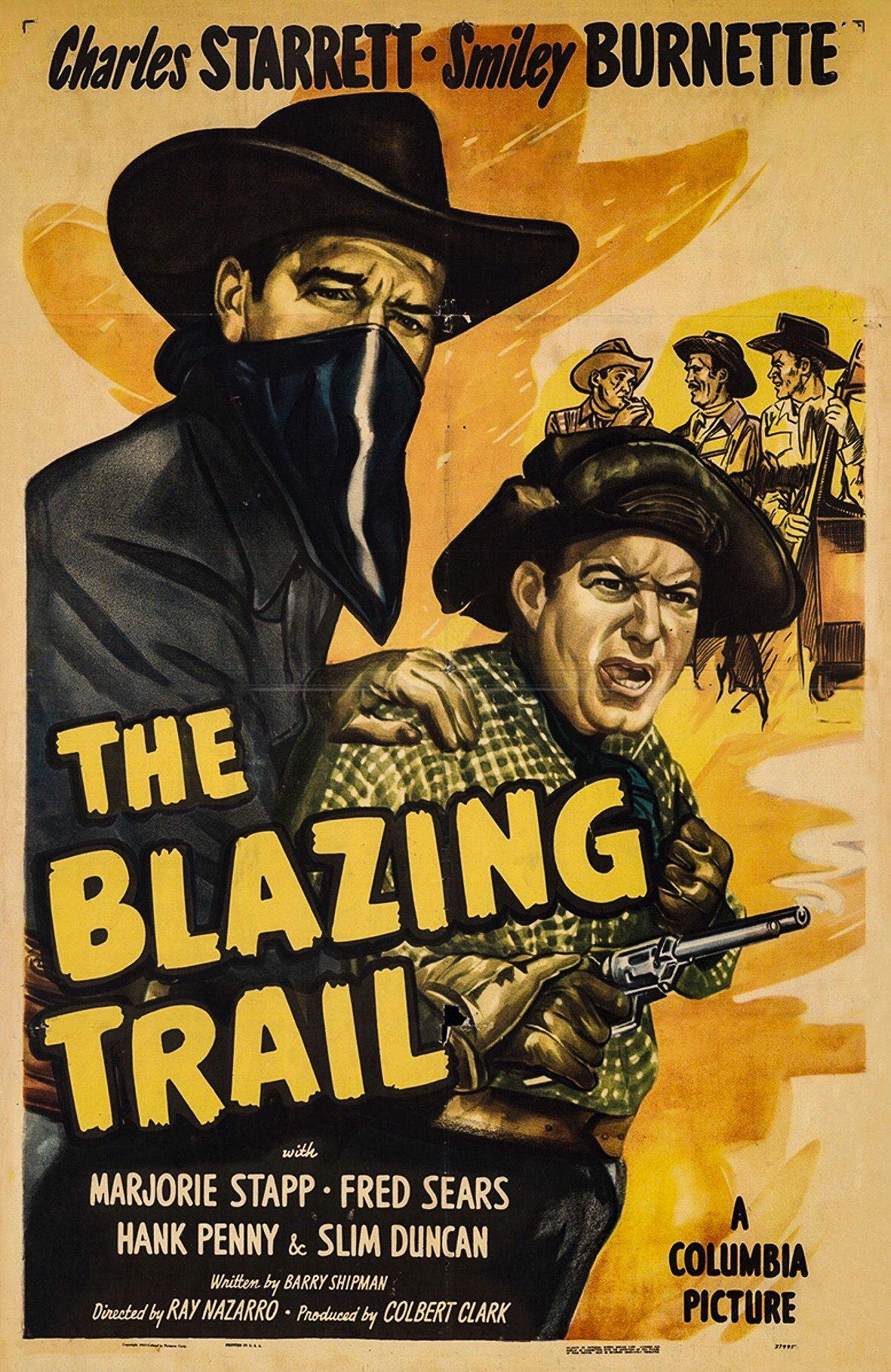 Smiley Burnette, Slim Duncan, Hank Penny, and Charles Starrett in The Blazing Trail (1949)